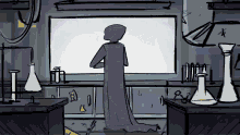 a drawing of a person standing in front of a whiteboard in a lab