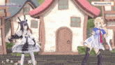 two anime girls are dancing in front of a house with the hashtag evermorelive on the bottom