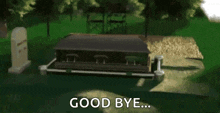a person is laying in a grave with the words `` good bye '' written above it .