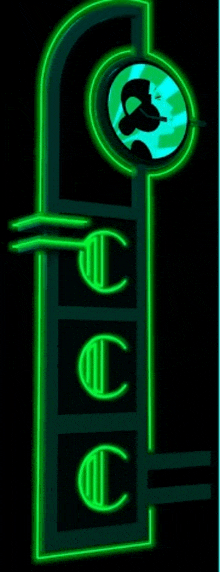 a neon sign with the letter c on it is lit up in the dark