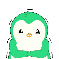 a cartoon of a green penguin with its arms crossed and an orange beak
