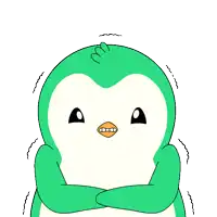 a cartoon of a green penguin with its arms crossed and an orange beak