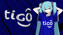 a girl with blue hair is wearing a blue shirt that says tico