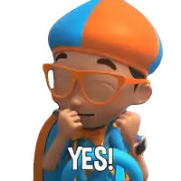 a cartoon character wearing glasses and a blue and orange hat says yes