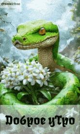 a green snake is surrounded by white flowers and says " доброе утро " below it