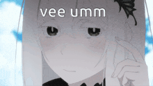 a close up of a girl with the words vee umm written on it