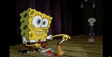 spongebob squarepants is cleaning the floor with a broom while squidward looks on .