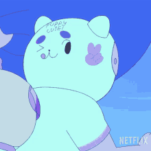 a cartoon character with a purple flower on his head says what