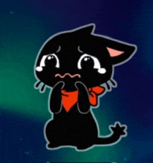 a black cat with a red scarf around its neck crying