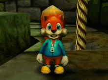 a cartoon squirrel wearing a blue jacket with a number 8 on it