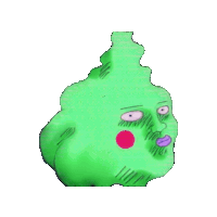 a green cartoon character with a red nose and purple lips
