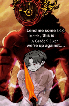 a cartoon of a boy holding a sword with the words lend me some ego danteh