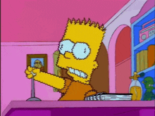 bart simpson from the simpsons is sitting on a purple table holding a book .