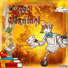 a robot holding a piece of paper with the words good morning written on it