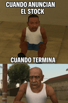 a man in a white tank top sits next to a man in blue shorts with the caption cuando anuncian el stock