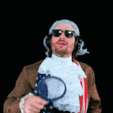 a man wearing sunglasses and a wig holds a magnifying glass