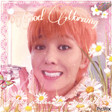 a picture of a girl with flowers and the words good morning