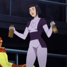 a cartoon character is holding two bottles and has the number 1 on her chest