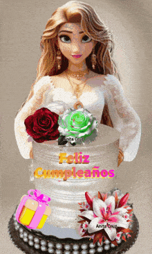 a picture of a doll holding a cake that says feliz cumpleaños