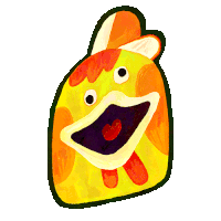 a cartoon drawing of a yellow and orange chicken with a red heart in its mouth