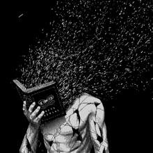 a black and white drawing of a man reading a book called book of dreams