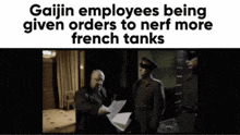 a picture of a man holding a piece of paper with the caption gaijin employees being given orders