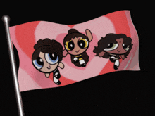 a pink flag with three cartoon girls on it
