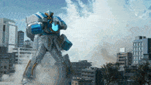 a giant robot is walking through a city