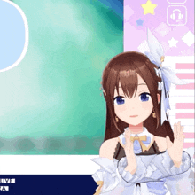 a girl in a white dress with a bow on her head is standing in front of a screen that says " live "