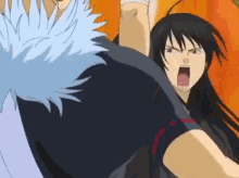 a woman with long black hair is yelling at a man in a cartoon