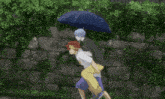 a man is carrying another man on his shoulders under an umbrella