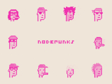a bunch of pink pixel art characters with the word nodemunks in the corner