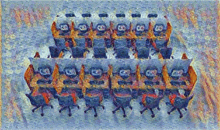 a painting of a row of cubicles with the number 8 on the top