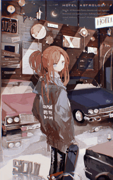a girl stands in front of a sign for hotel astrology