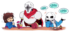 papyrus and sans are sitting at a table with a girl and a bottle of ketchup