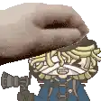 a hand is holding a cartoon character with a gun and a mustache .