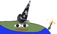 a frog wearing a wizard hat is holding a wand