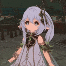a cartoon girl with purple hair and green eyes is wearing a purple dress and standing in a dark room .