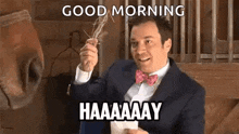 a man in a suit and bow tie is holding a stick in front of a horse and says `` good morning '' .