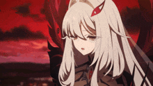 a girl with long white hair and red eyes is standing in front of a red background
