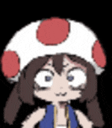 a cartoon of a girl wearing a mushroom hat and a blue vest .
