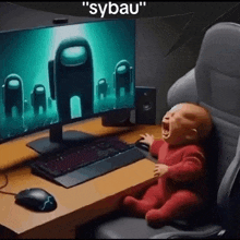 a baby is crying while sitting in front of a computer screen