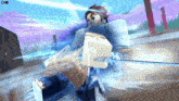 a cartoon character is holding a sword in front of a sign that says ' a ' on it
