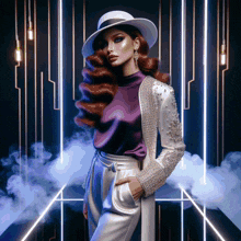 a woman in a white hat and purple top