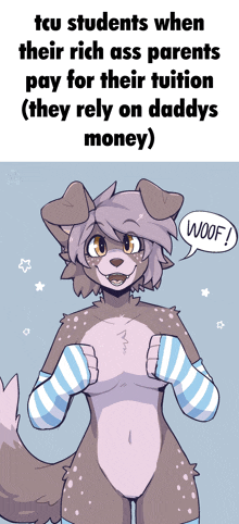 a cartoon of a furry animal with a speech bubble that says woof
