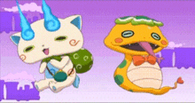 a cartoon of a cat and a snake with their tongues out .