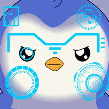 a cartoon penguin with a blue circle around its face
