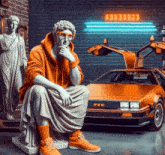 a statue of a man sitting in front of an orange car with a neon sign that says 123456783