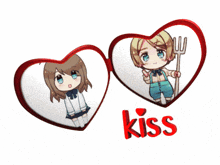 a couple of hearts with a girl and a boy and the word kiss