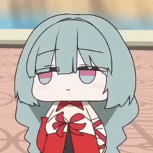 a cartoon of a girl with long hair and a red bow